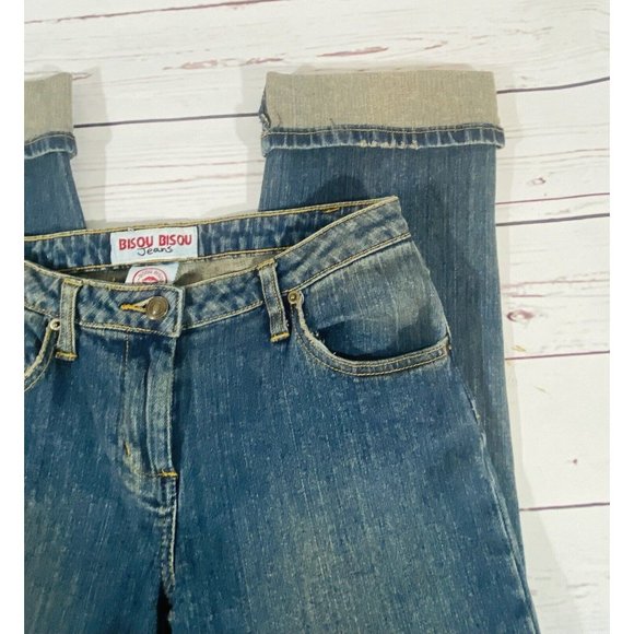 BISOU BISOU Jeans Womens Sz 4 Denim Cuffed Capris Rolled Hem Tinted Wash - Picture 7 of 8